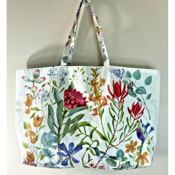 Estee Lauder White Floral Printed Canvas Shopper Tote Bag Mint Green Liner "New" - Picture 2 of 12